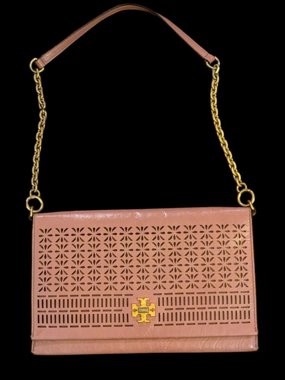 Tory Burch Pink Perforated Open Pattern Shoulder Bag With Gold Hardware